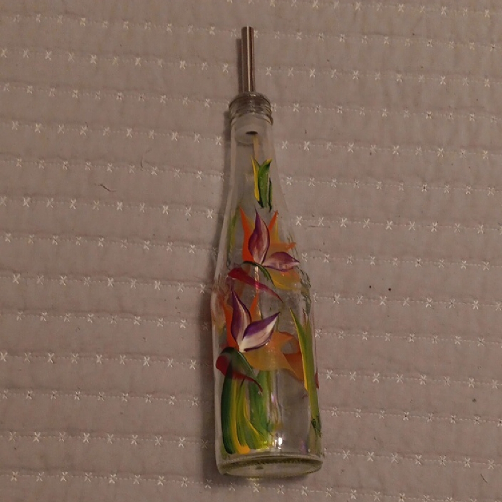 Hand-Painted Floral Glass Bottle for Cooking Oil Or Salad Dressing About 12"